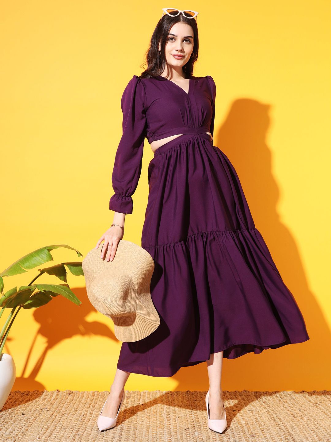 

ZWERLON Women Solid Cuffed Sleeves Fit & Flare Midi Dress, Purple