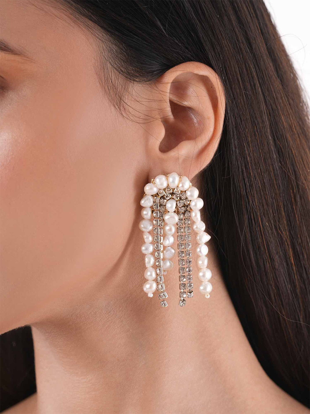 

D'oro Contemporary Stone -Studded & Beaded Drop Earrings, White