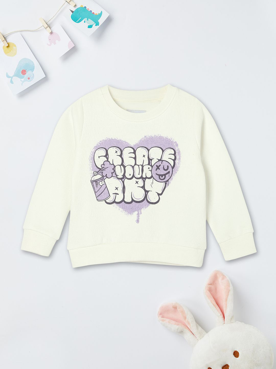 

max Girls Graphic Printed Round Neck Cotton Pullover Sweatshirt, Off white