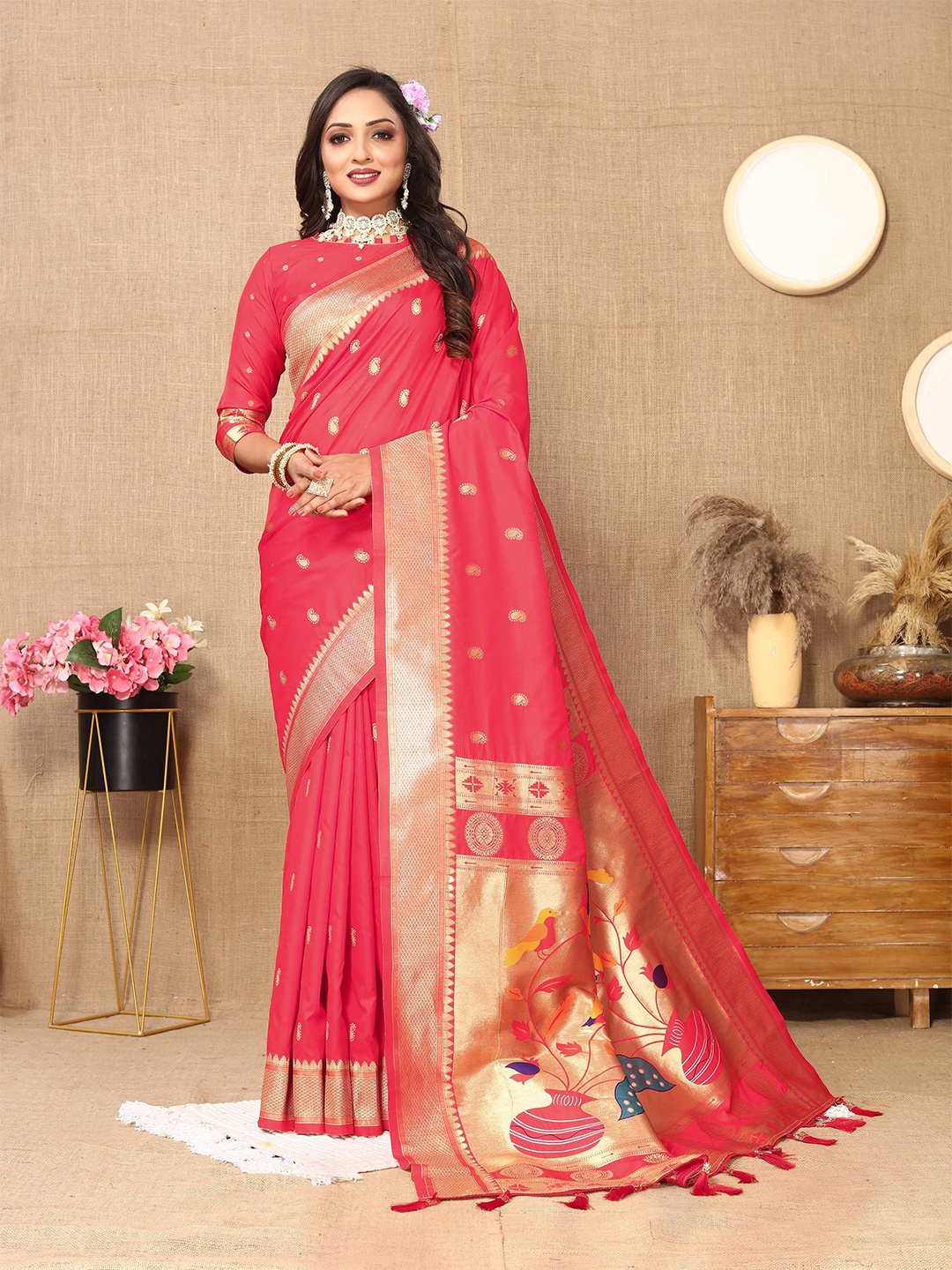 

Zeekha Woven Design Zari Pure Silk Paithani Saree, Pink