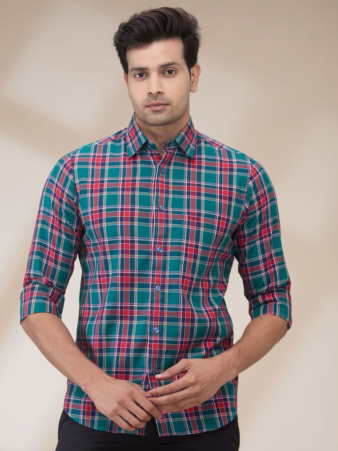 

ColorPlus Men Spread Collar Tartan Checked Cotton Casual Shirt, Green