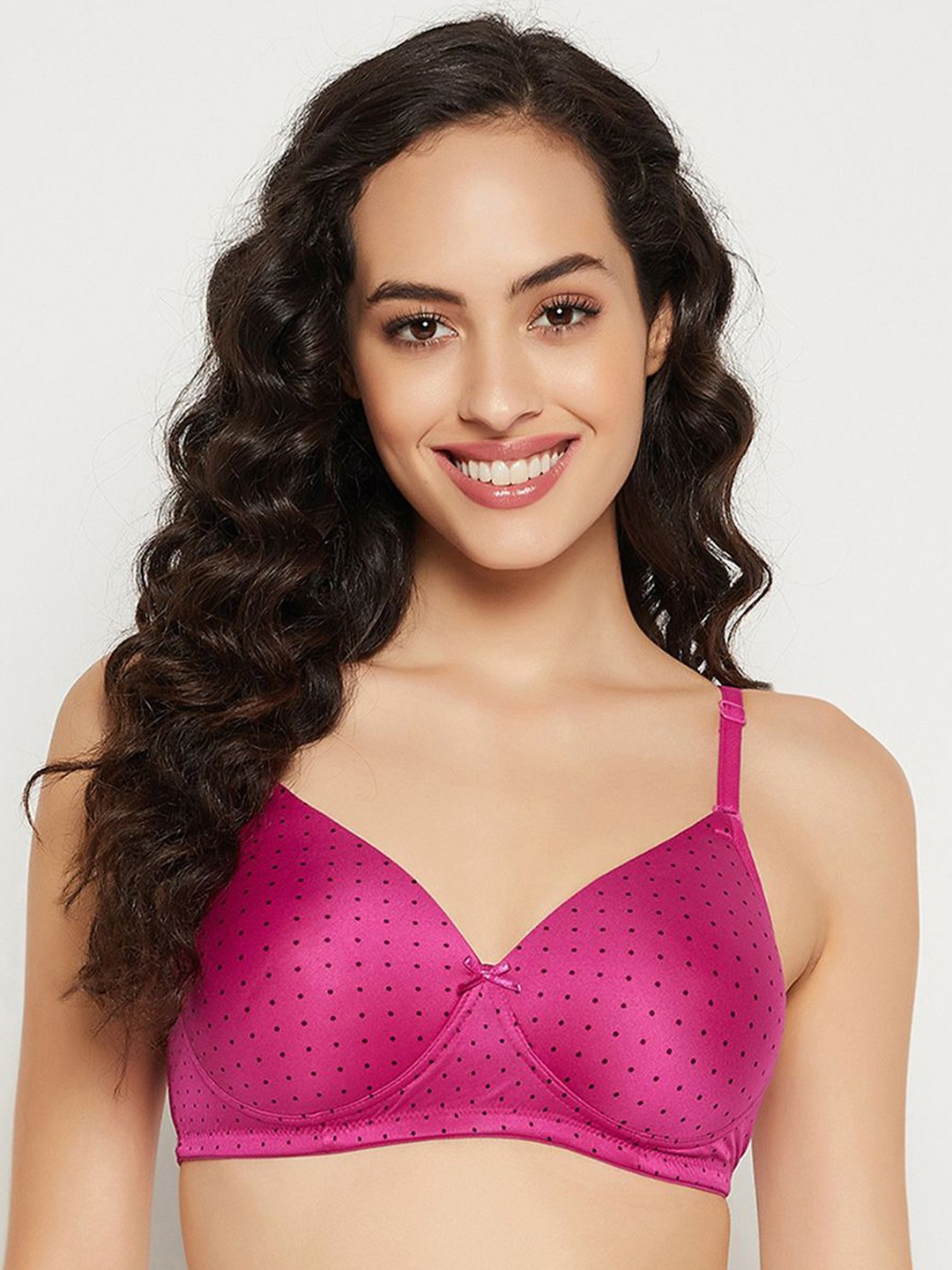 

Clovia Polka Dots Printed Padded Full Cup Wire Free T-shirt Bra, Pink