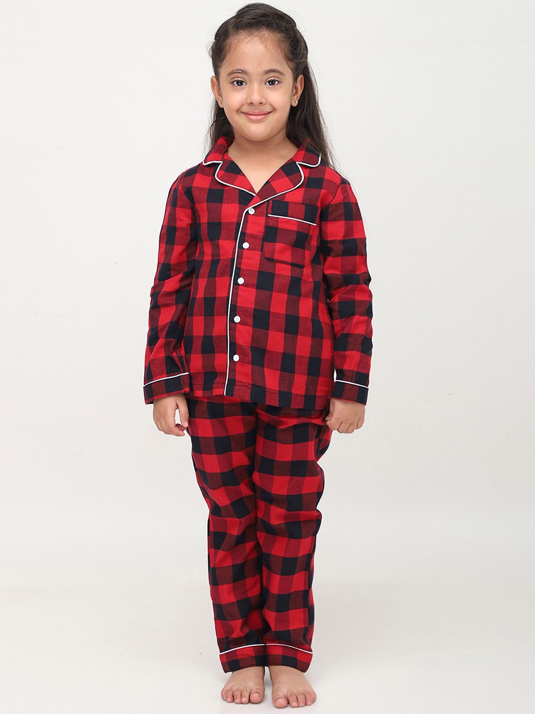 

Biglilpeople Girls Pure Cotton Checked Printed Night suit, Red