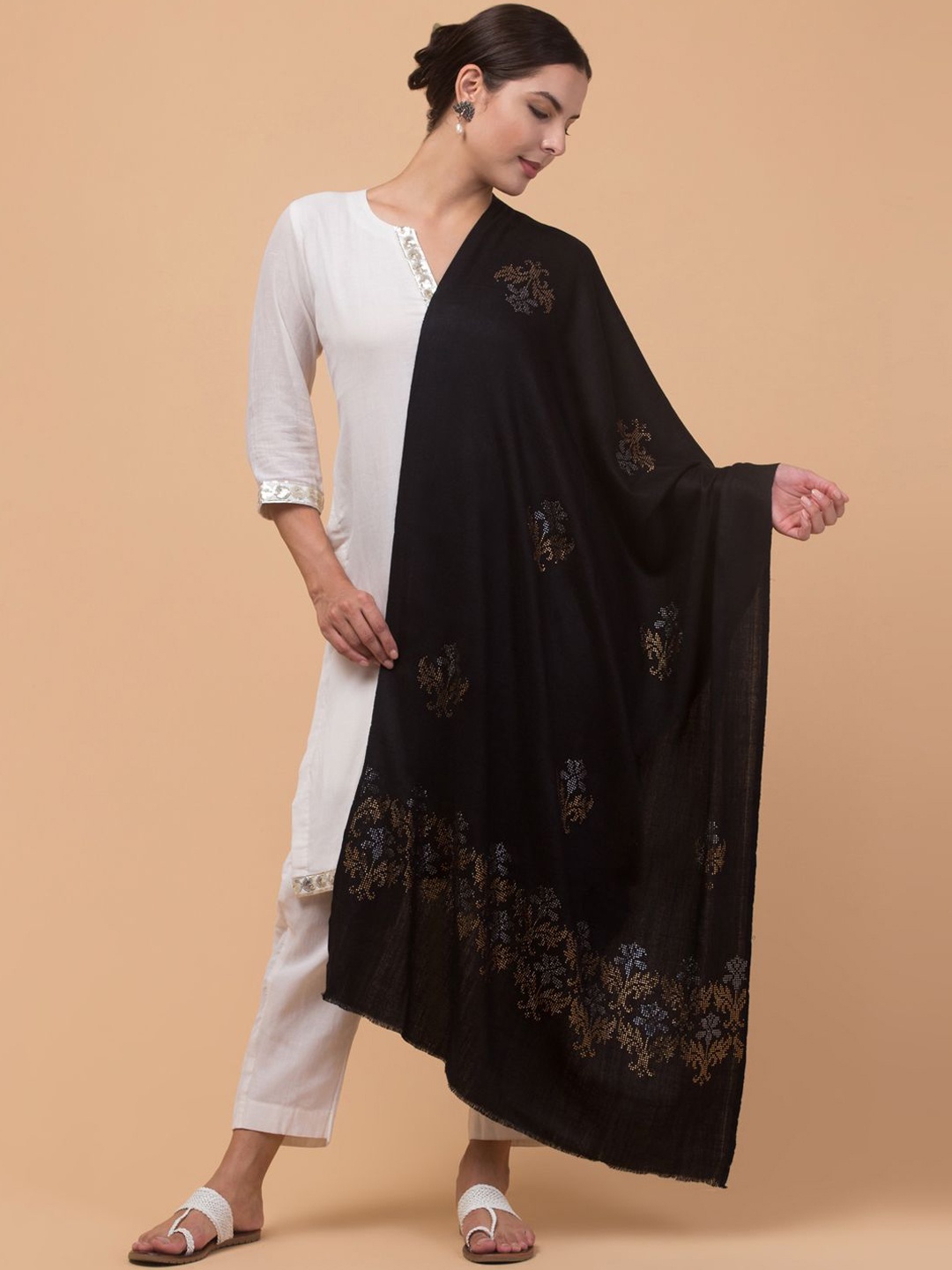 

Tweedle Floral Woven Design Pure Woollen Shawl, Black