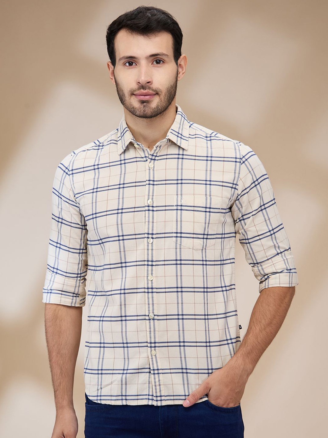 

Parx Men Spread Collar Tartan Checked Cotton Slim Fit Casual Shirt, Brown