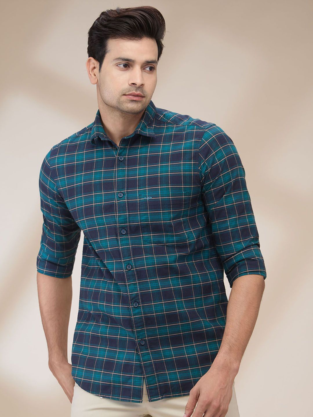 

ColorPlus Men Spread Collar Tartan Checked Cotton Casual Shirt, Green