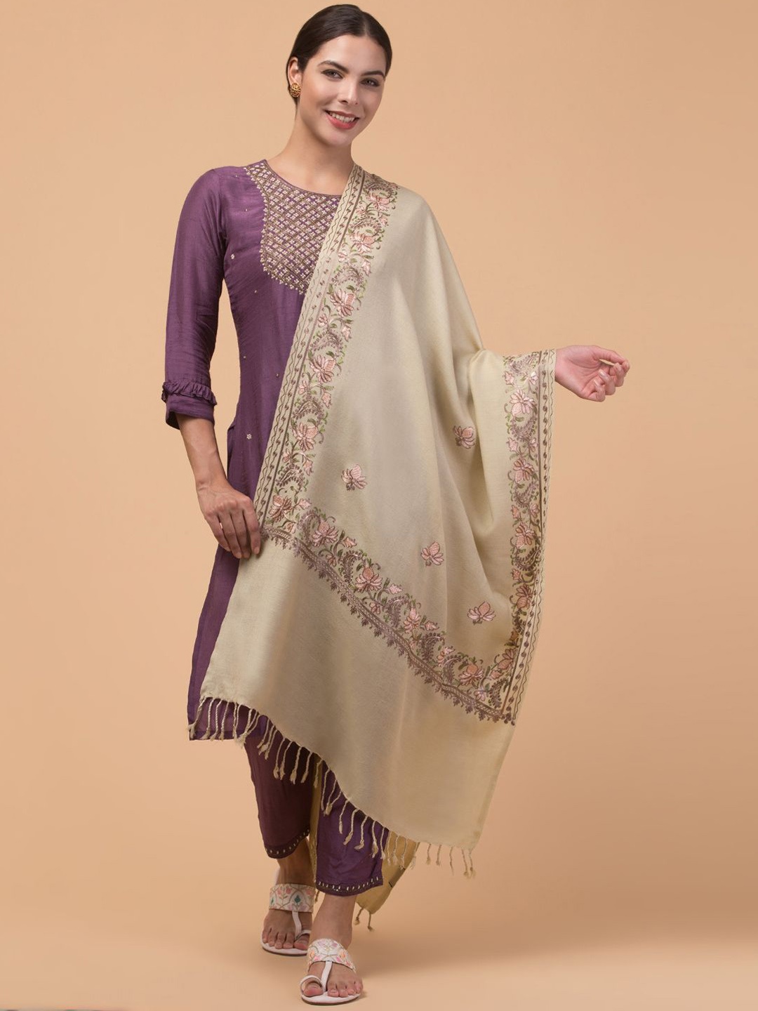 

Tweedle Floral Embroidered Acrylic Woollen Shawl, Off white