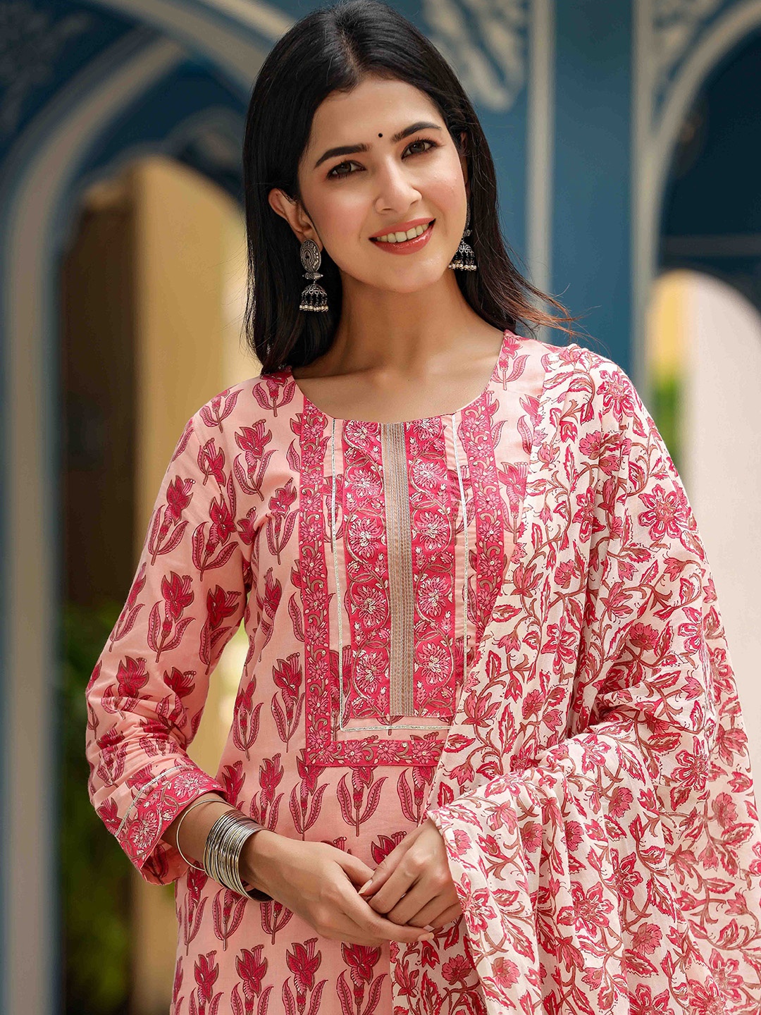 

KALINI Pink Floral Printed Round Neck Straight Kurta with Trouser & Dupatta