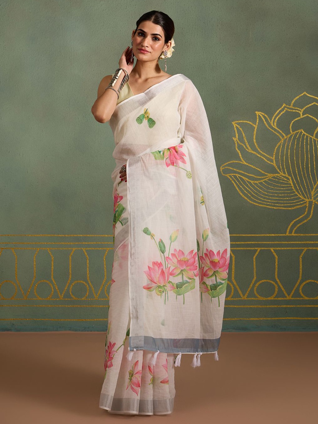 

Likha Floral Printed Zari Pure Linen Saree, White