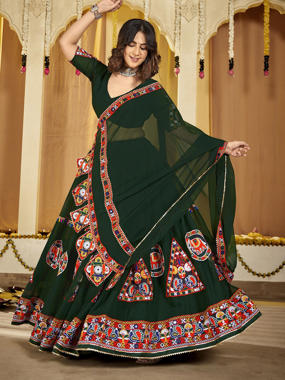 

KALINI Embroidered Thread Work Semi-Stitched Lehenga & Unstitched Blouse With Dupatta, Green