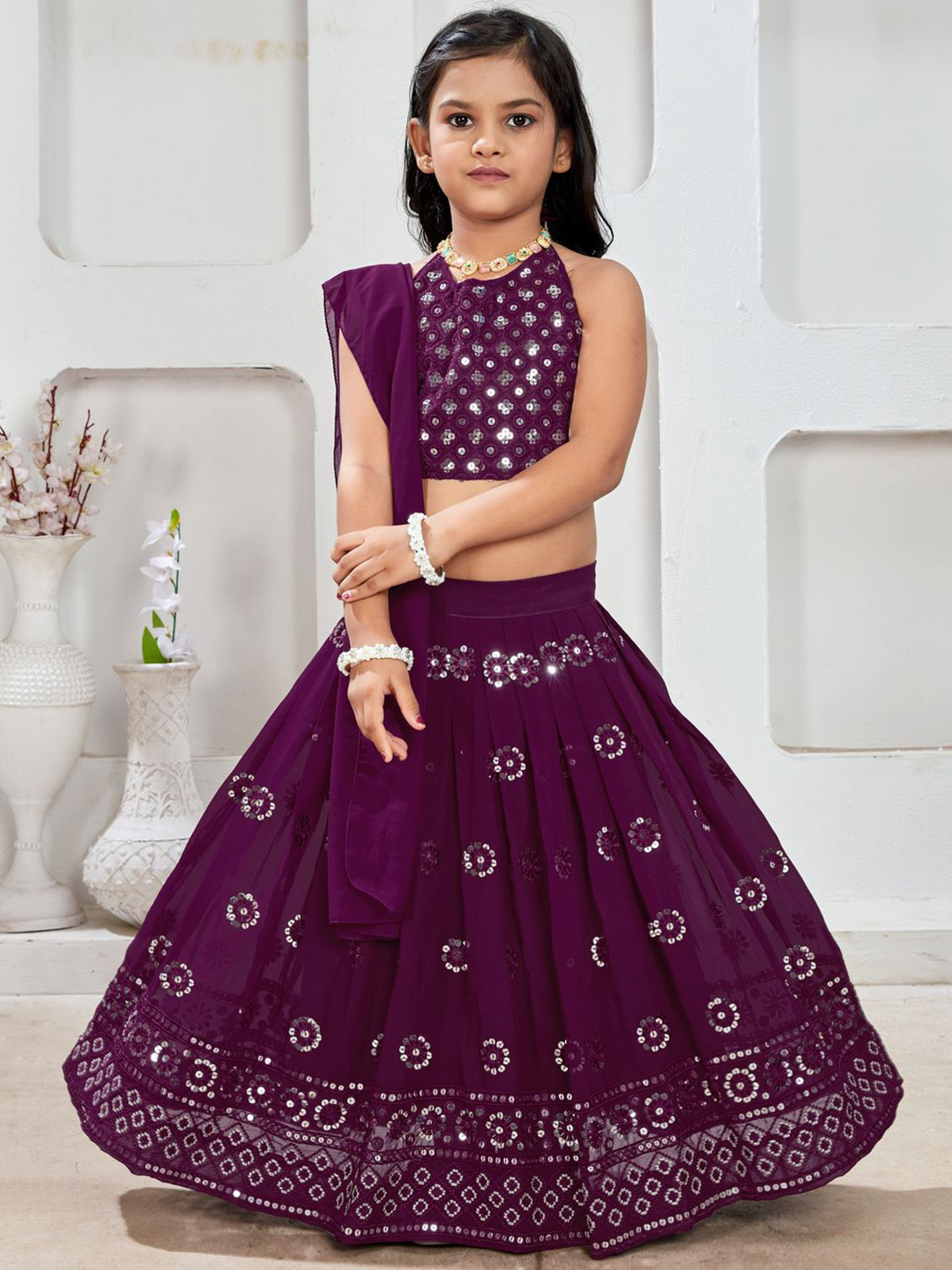

BAESD Girls Floral Embroidered Sequinned Ready to Wear Lehenga & Blouse With Dupatta, Purple