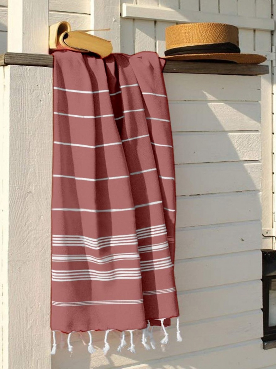 

Lushomes Red & White Striped Cotton 300 GSM Bath Towel