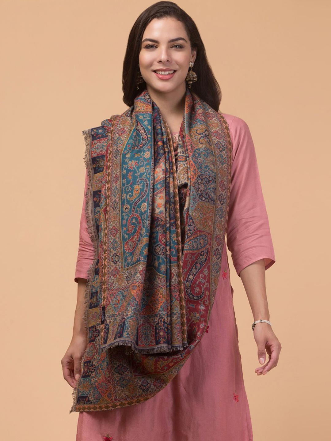 

Tweedle Jamawar Paisley Woven Design Wollen Shawl, Blue