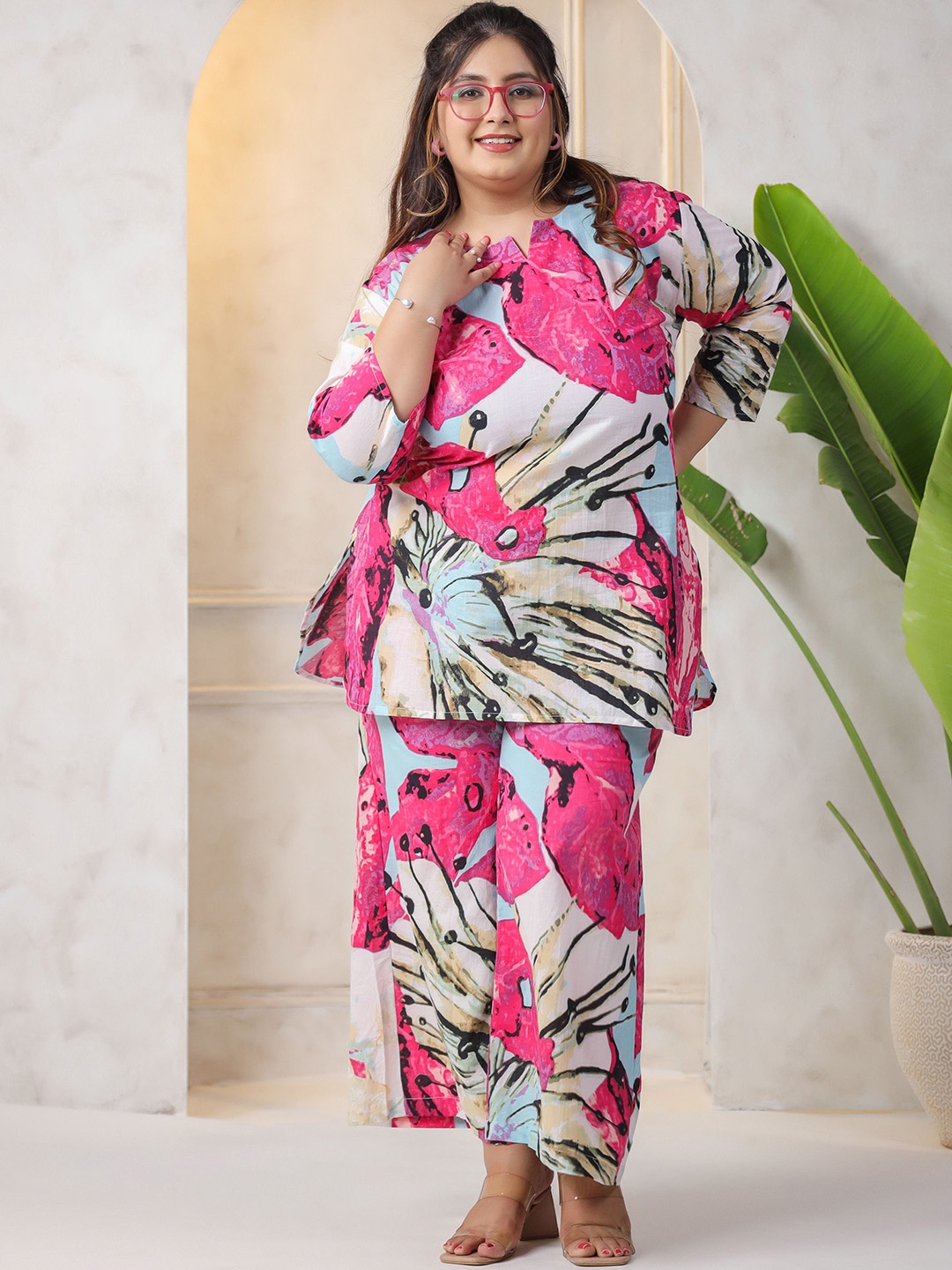 

LALI JAIPUR Plus Size Floral Printed Pure Cotton Tunic With Trousers, Pink