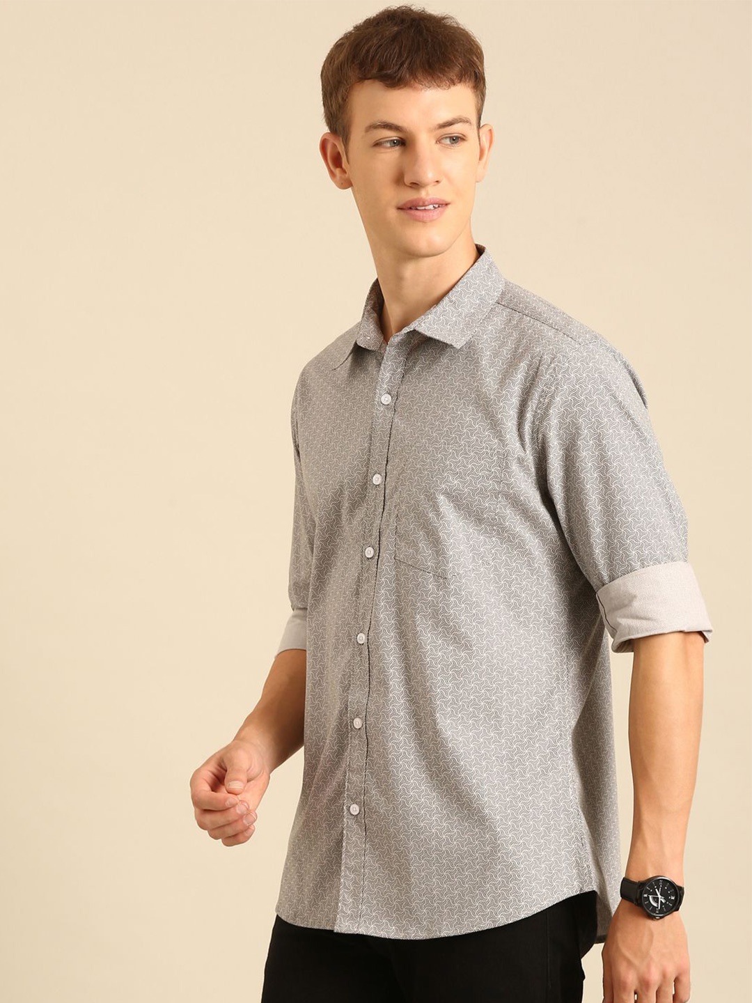 

Joven Men Spread Collar Micro Ditsy Printed Cotton Casual Shirt, Grey