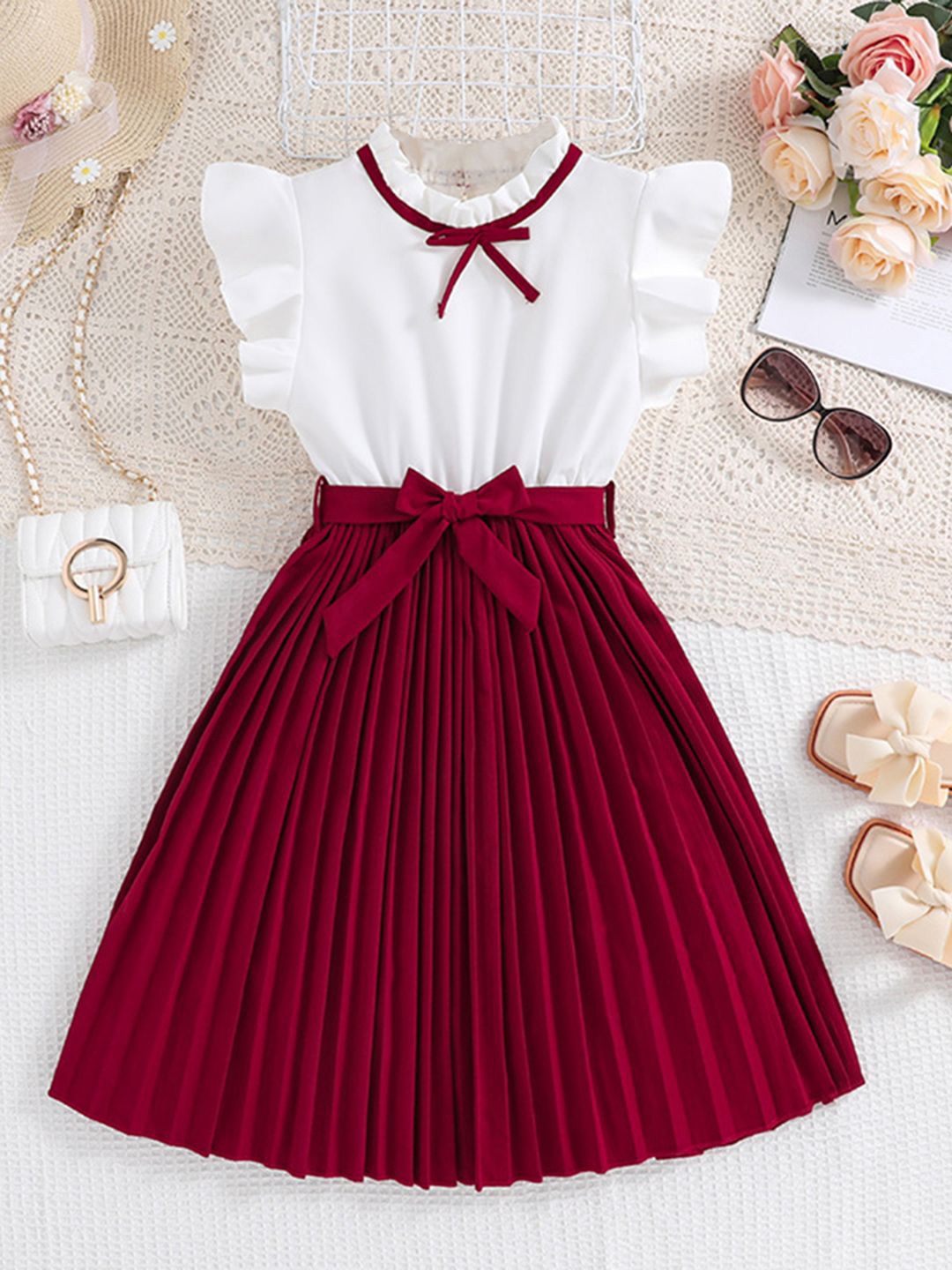 

INCLUD Kids-Girls Flutter Sleeve Fit & Flare Dress With Tie-Ups, Red