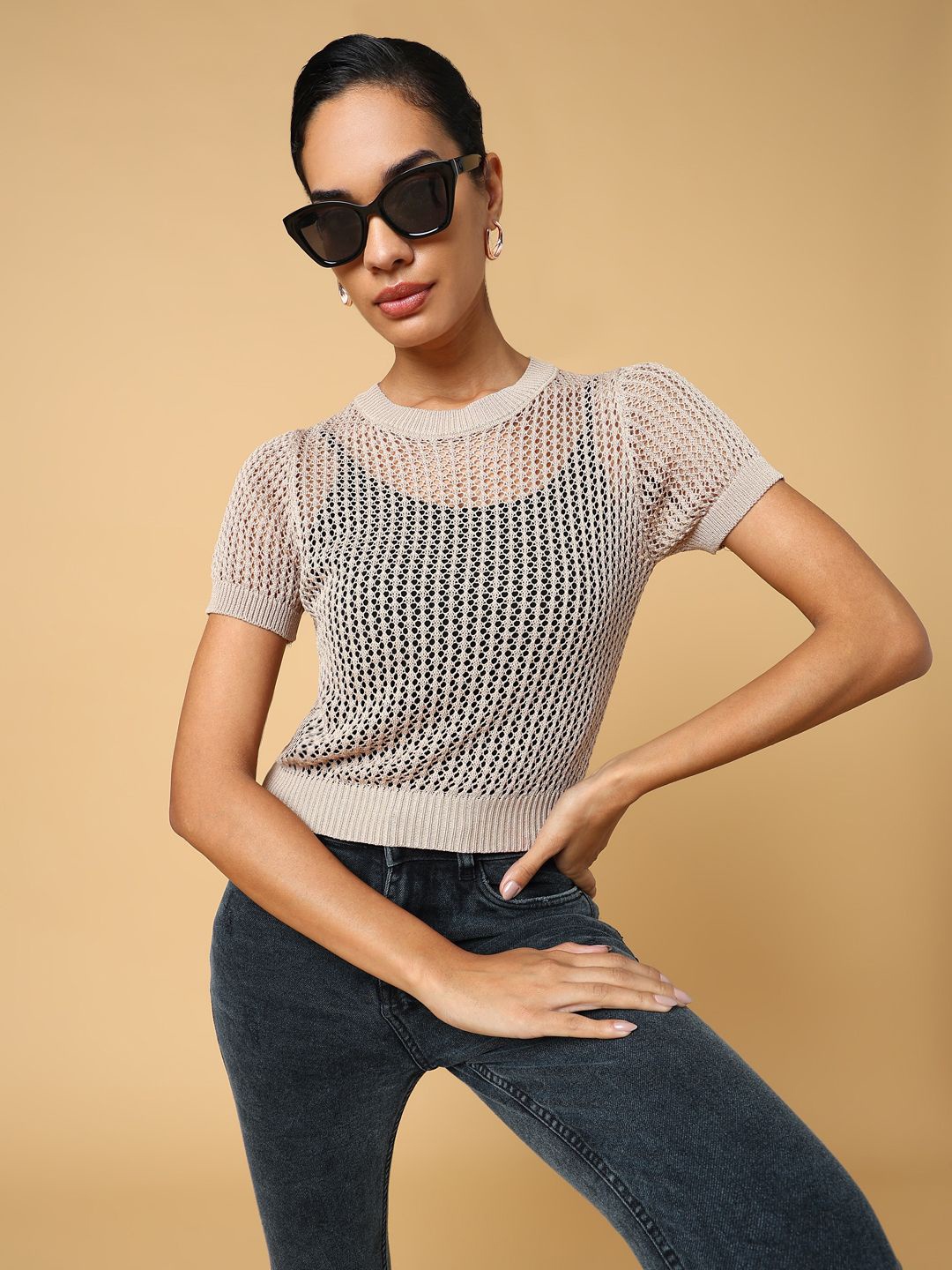 

SHOWOFF Women Self Design Round Neck Acrylic Top, Beige