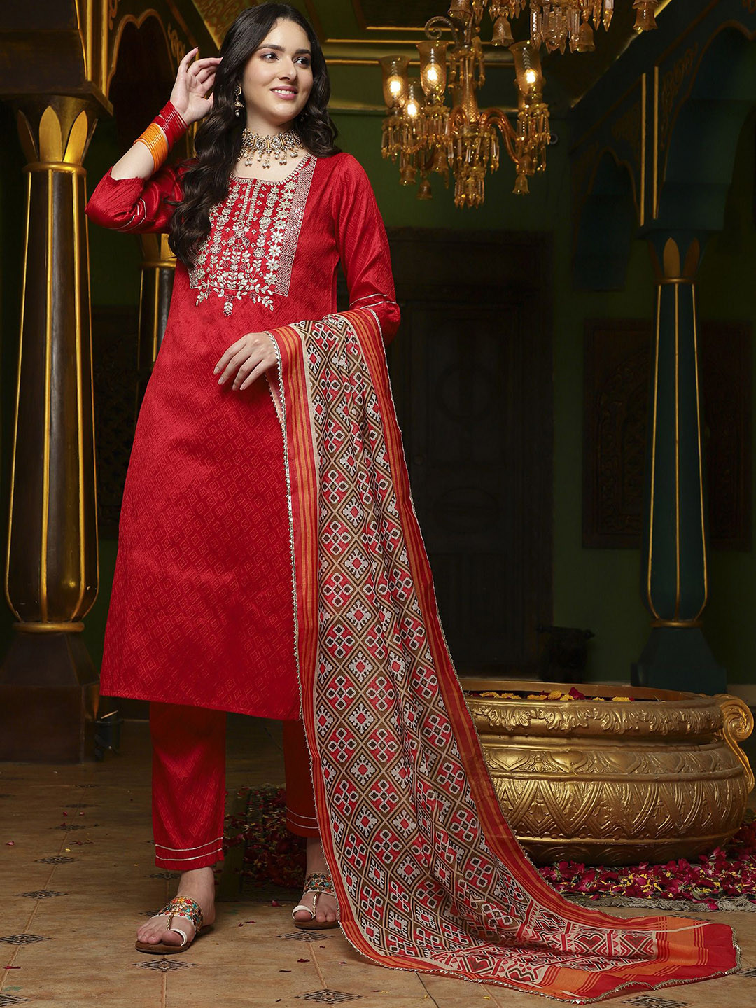 

BANDIA Floral Embroidered Straight Kurta with Trousers & Dupatta, Red