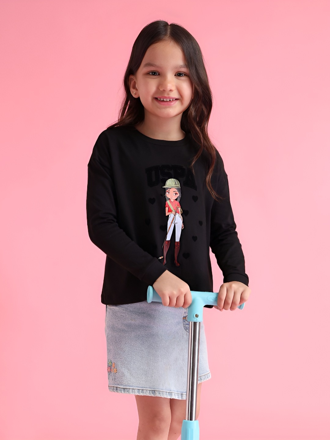 

U.S. Polo Assn. Kids Girls Graphic Printed Round Neck Cotton T-shirt, Black