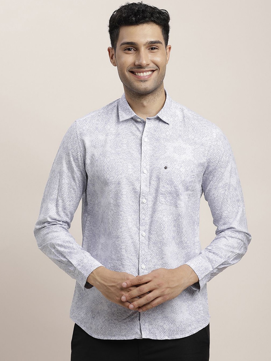 

Turtle Men Relaxed Spread Collar Abstract Printed Lyocell Slim Fit Casual Shirt, Grey