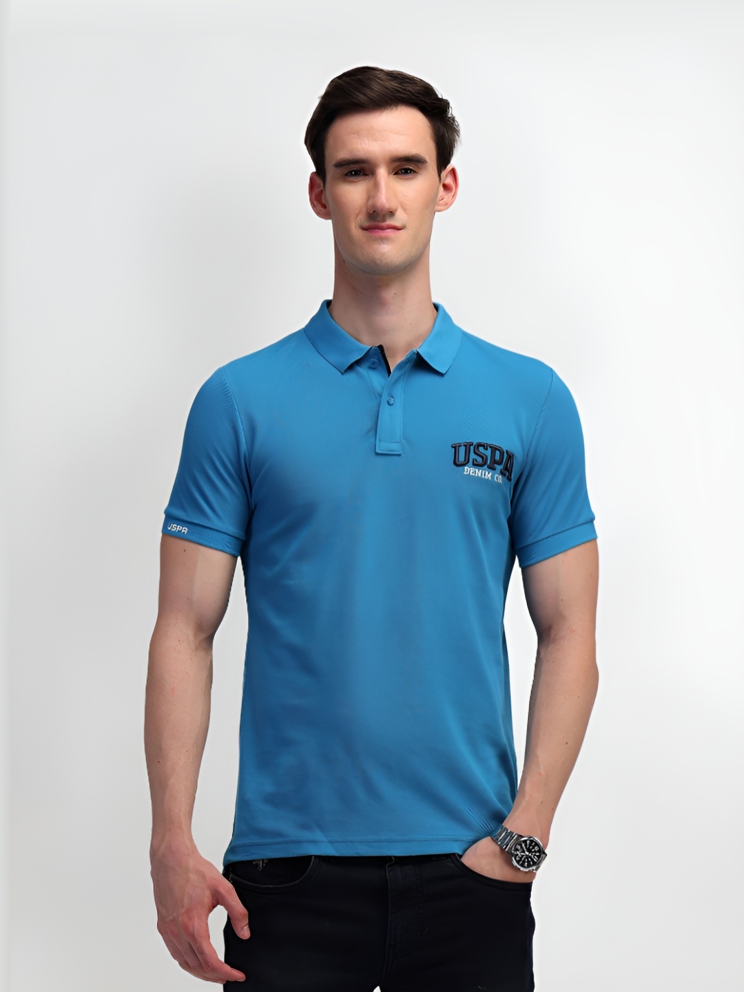 

U.S. Polo Assn. Denim Co. Men Brand Logo Solid Pure Cotton Slim Fit T-shirt, Blue