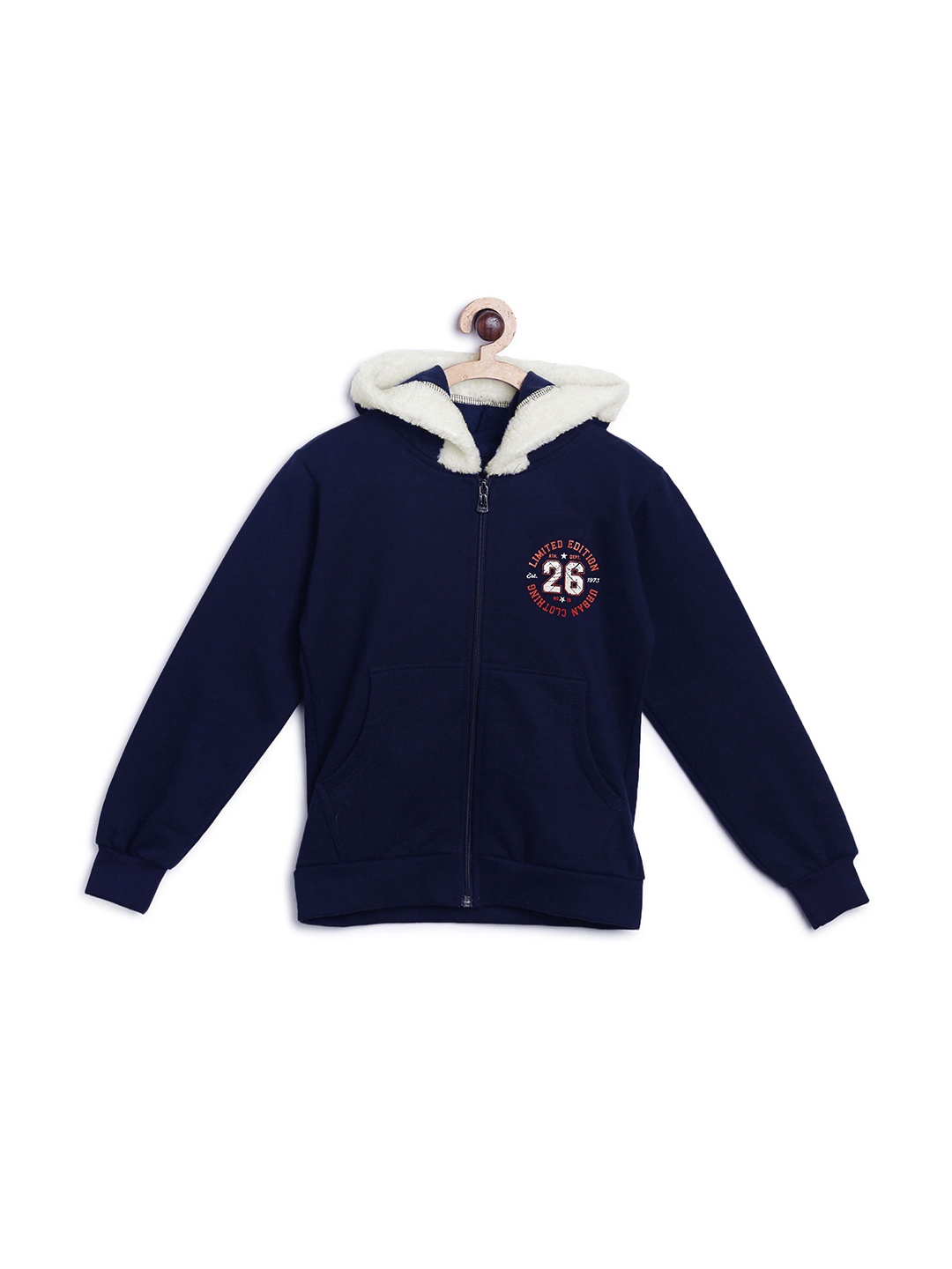 

Fashionable Boys Typography Printed Hood Front-Open Sweatshirt, Navy blue