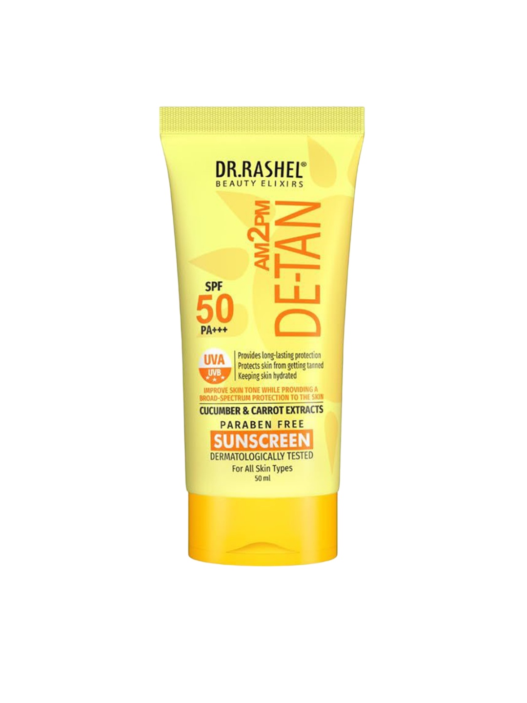 

DR.RASHEL De-Tan Sunscreen SPF 50 PA+++ With Cucumber For Face & Body-50 ml, Yellow