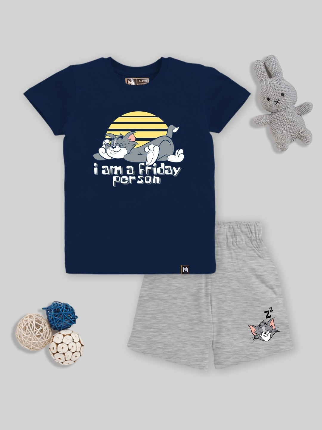 

YK X Minute Mirth Boys Tom & Jerry Printed Pure Cotton T-shirt with Shorts, Navy blue