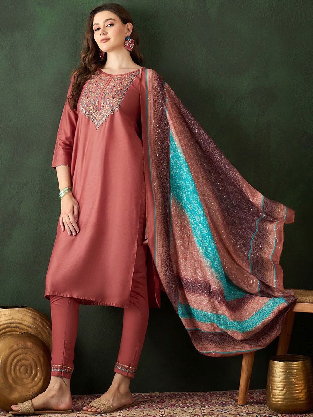 

Sangria Peach-Coloured Floral Yoke Design Sequinned Kurta With Trousers & Dupatta