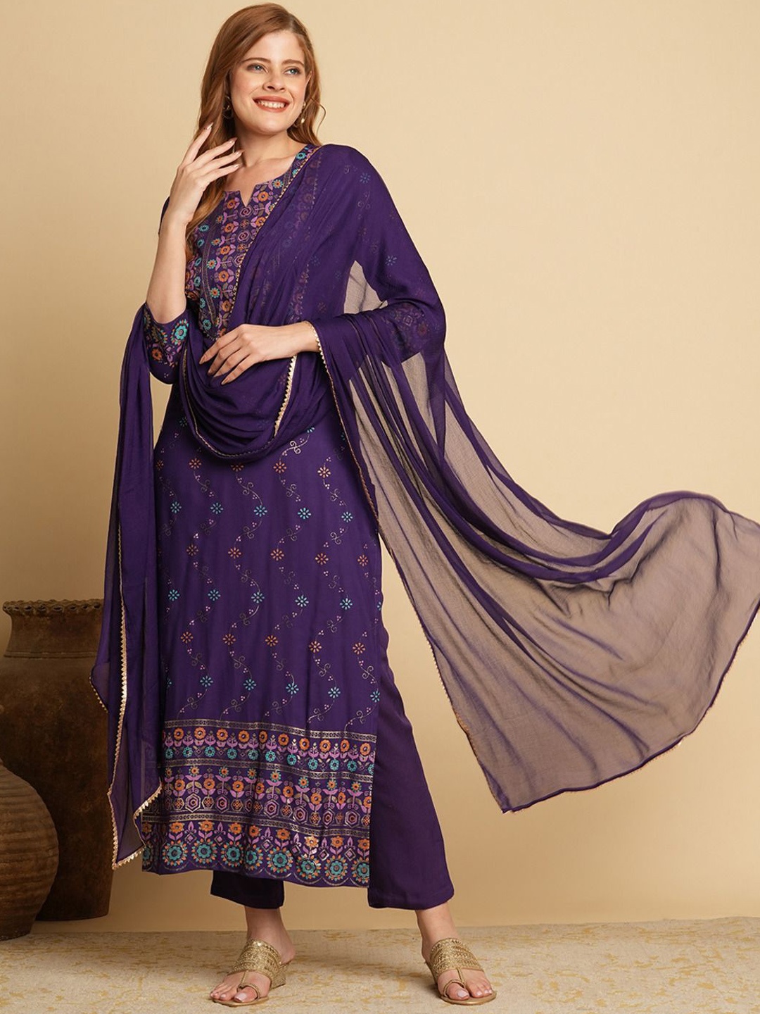 

GoSriKi Women Floral Printed Straight Kurta With Trousers & Dupatta, Purple