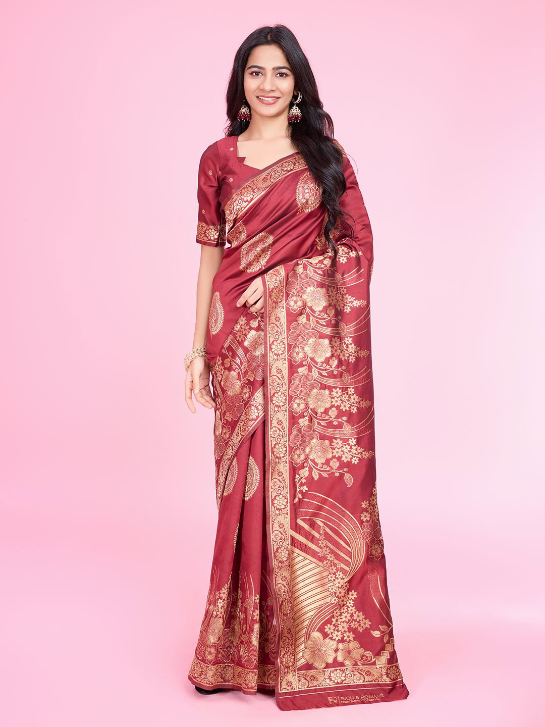 

RICH & ROMAN Woven Design Zari Pure Silk Banarasi Saree, Maroon