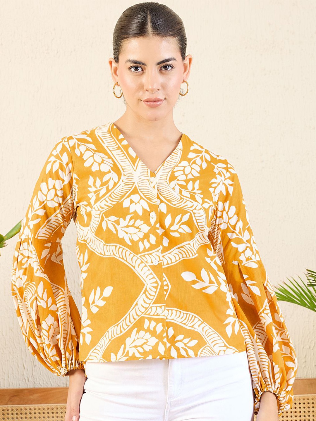 

Uptownie Printed Cotton Shirt with Balloon Sleeves, Mustard