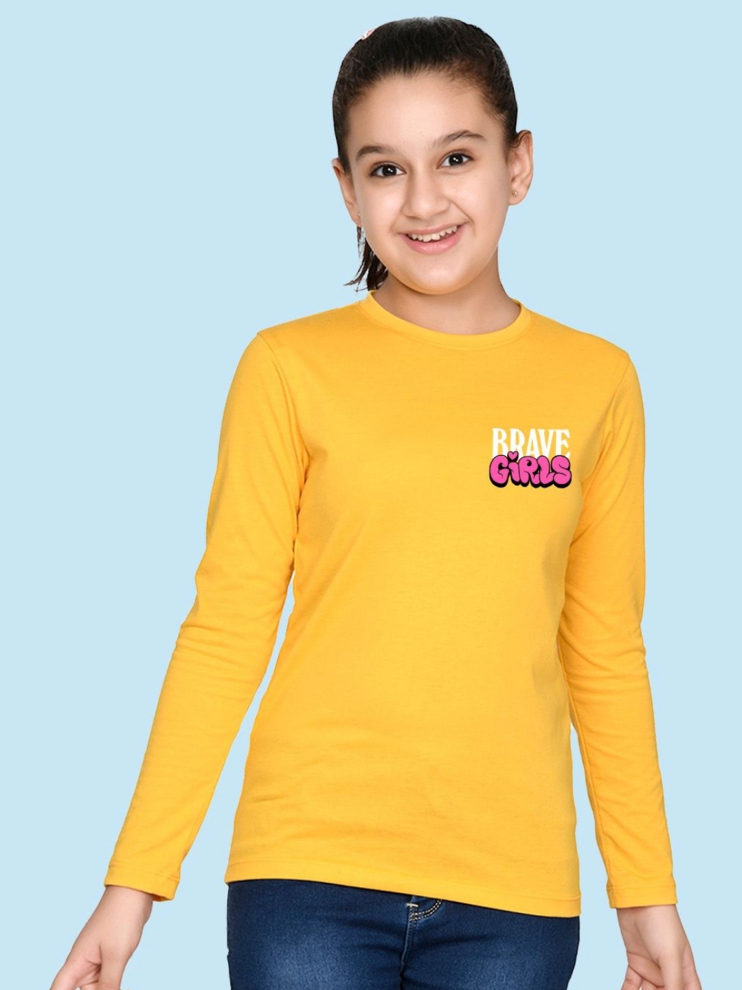 

NUSYL Girls Typography Printed Round Neck Cotton T-shirt, Yellow