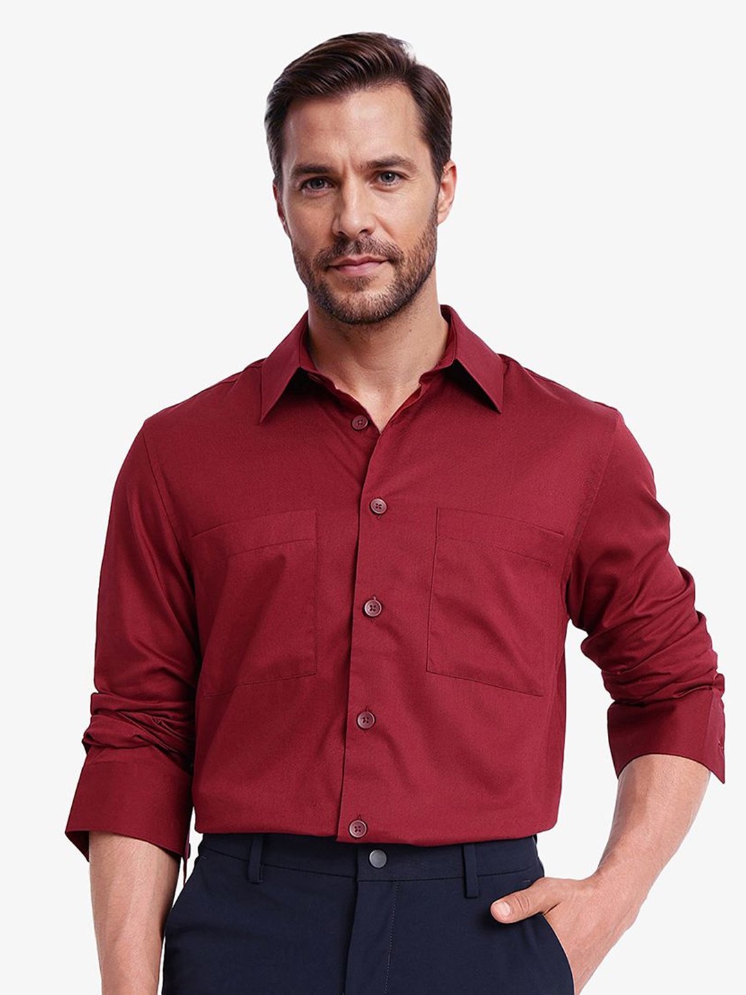 

RARE RABBIT Men Comfort Spread Collar Solid Cotton Boxy Casual Shirt, Maroon
