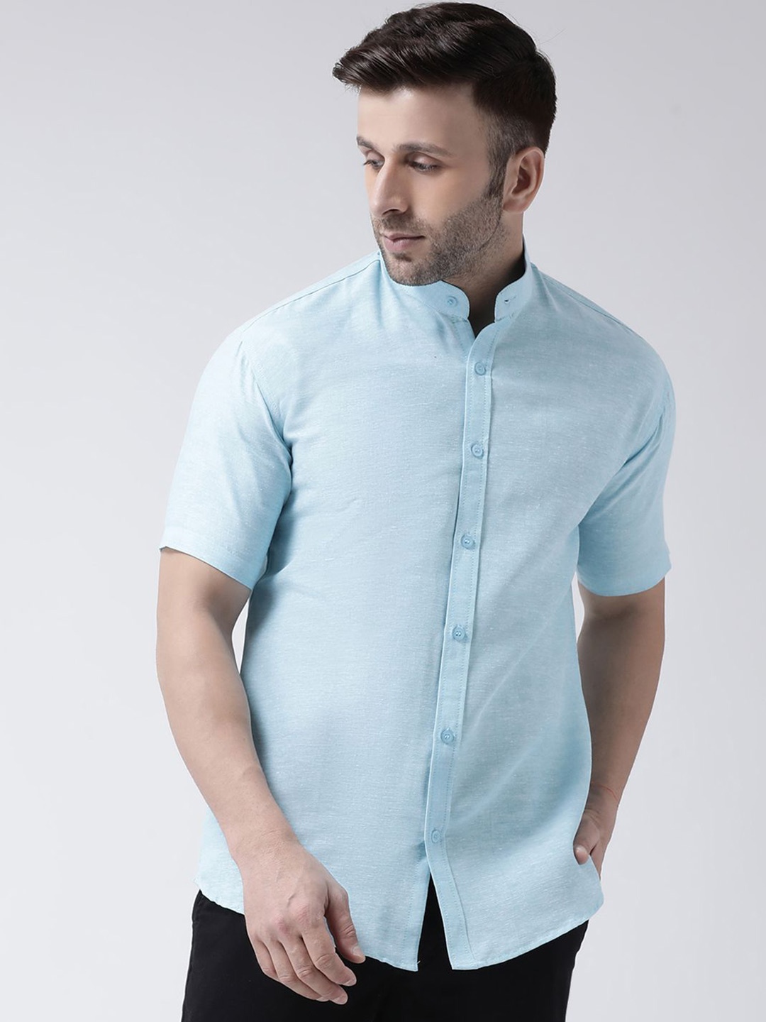 

KLOSET BY RIAG Men Classic Band Collar Solid Cotton Casual Shirt, Blue
