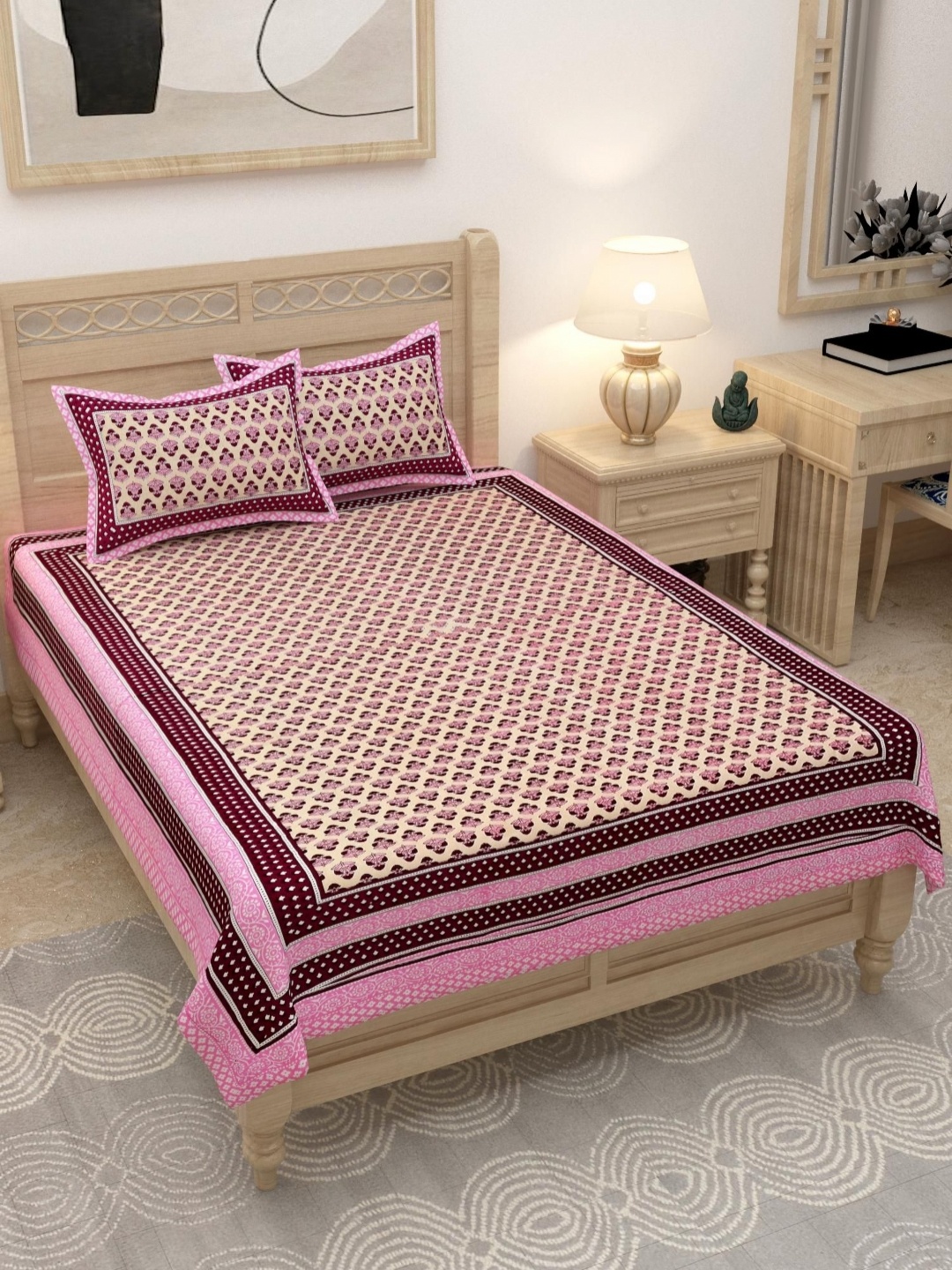 

Lali Prints Pink & White Printed 180 TC Cotton Single Bedsheet With 2 Pillow Covers