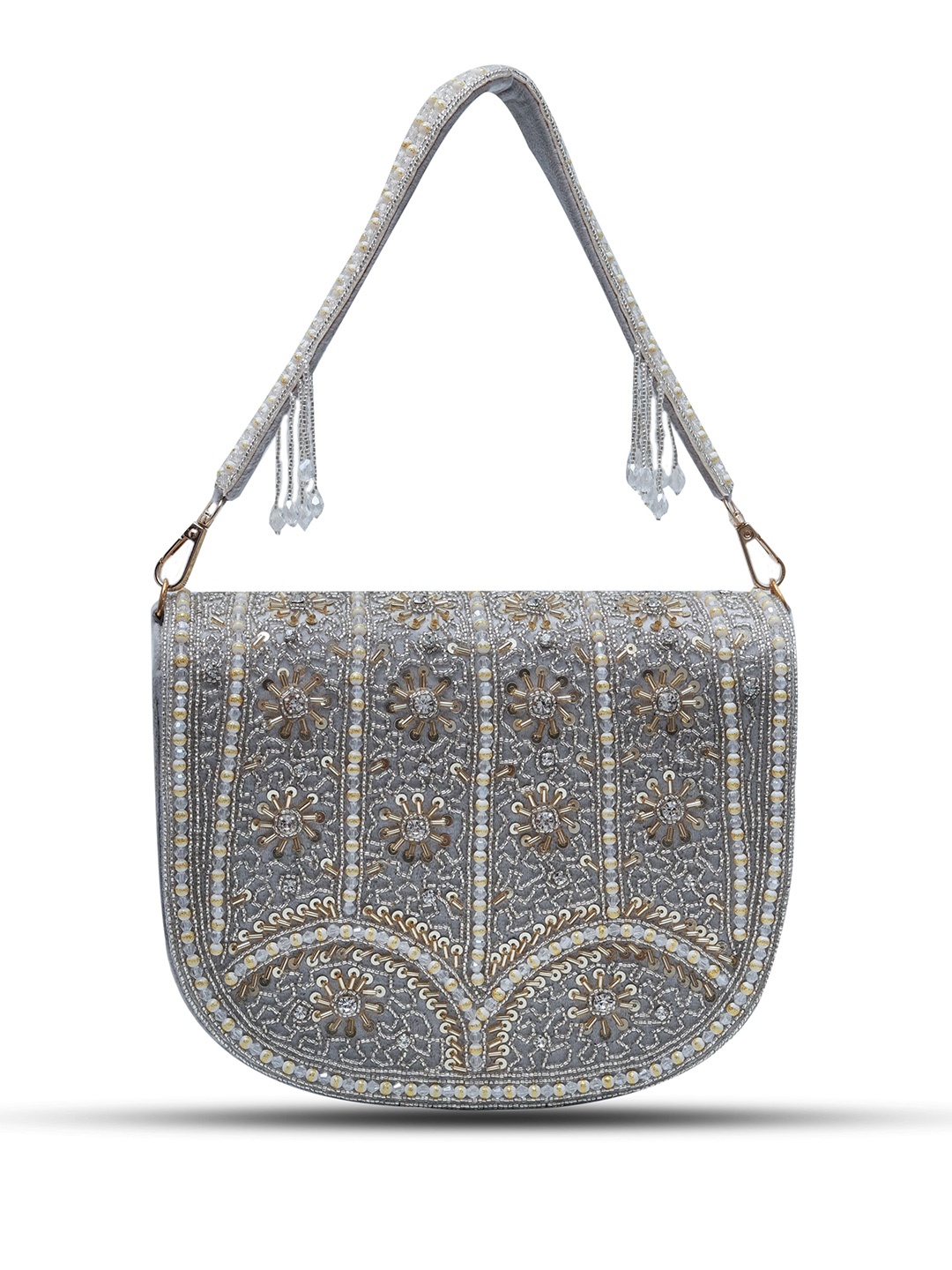 

THE TAN CLAN Embroidered Foldover Clutch, Grey