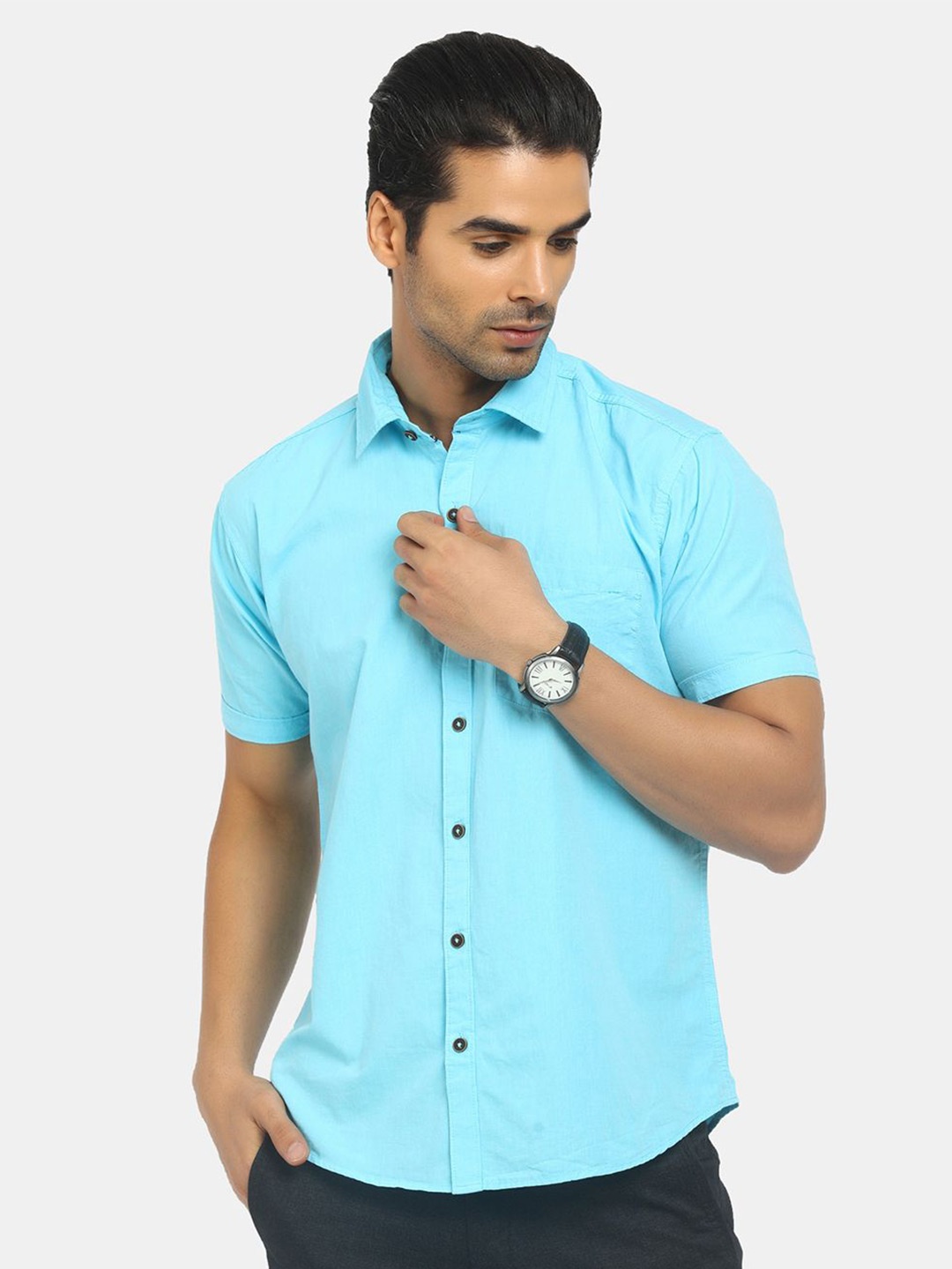 

V-Mart Men Classic Spread Collar Solid Cotton Casual Shirt, Turquoise blue