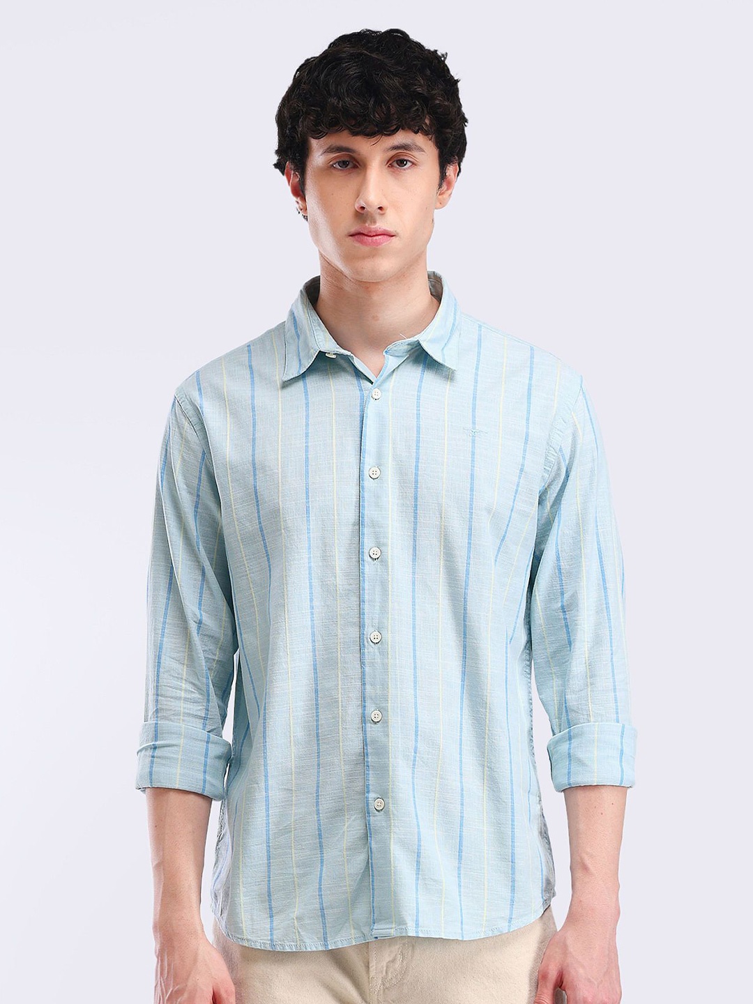 

Flying Machine Men Spread Collar Vertical Striped Cotton Casual Shirt, Blue