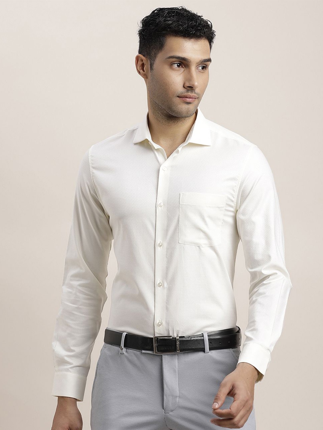 

Turtle Men Classic Spread Collar Solid Cotton Slim Fit Formal Shirt, Cream