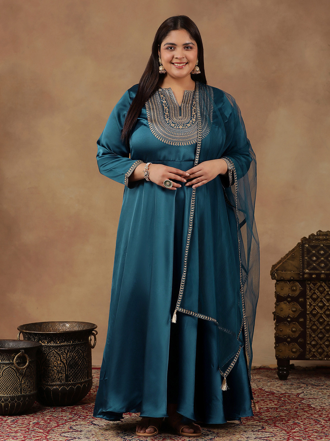 

INDDUS PLUS Floral Yoke Design Sequinned Satin Anarkali Kurta with Dupatta, Teal