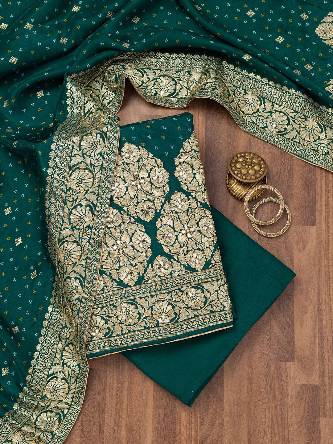 

Koskii Ethnic Motifs Woven Design Zari Unstitched Dress Material, Green