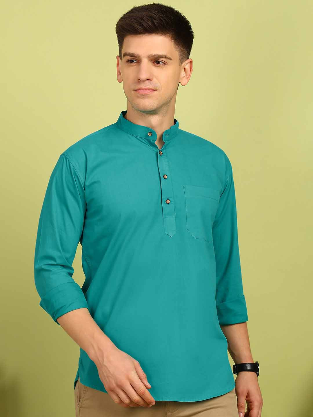

FUBAR Mandarin Collar Pure Cotton Straight Short Kurta, Sea green