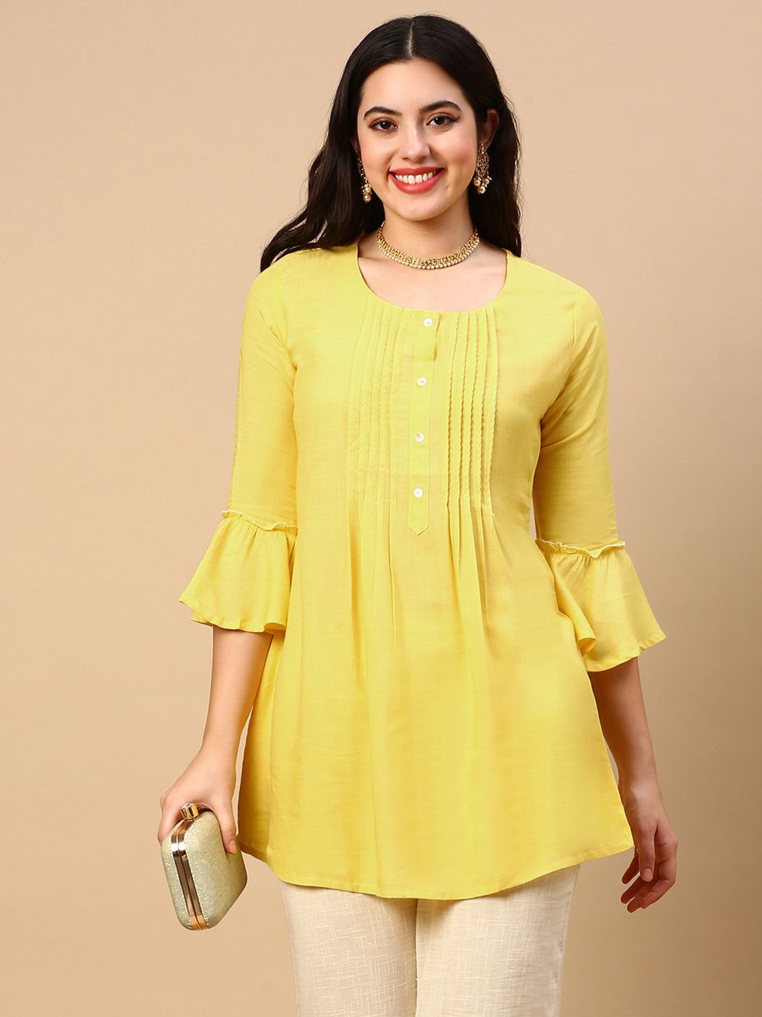 

SHOWOFF Women Round Neck Bell Sleeves Kurti, Yellow