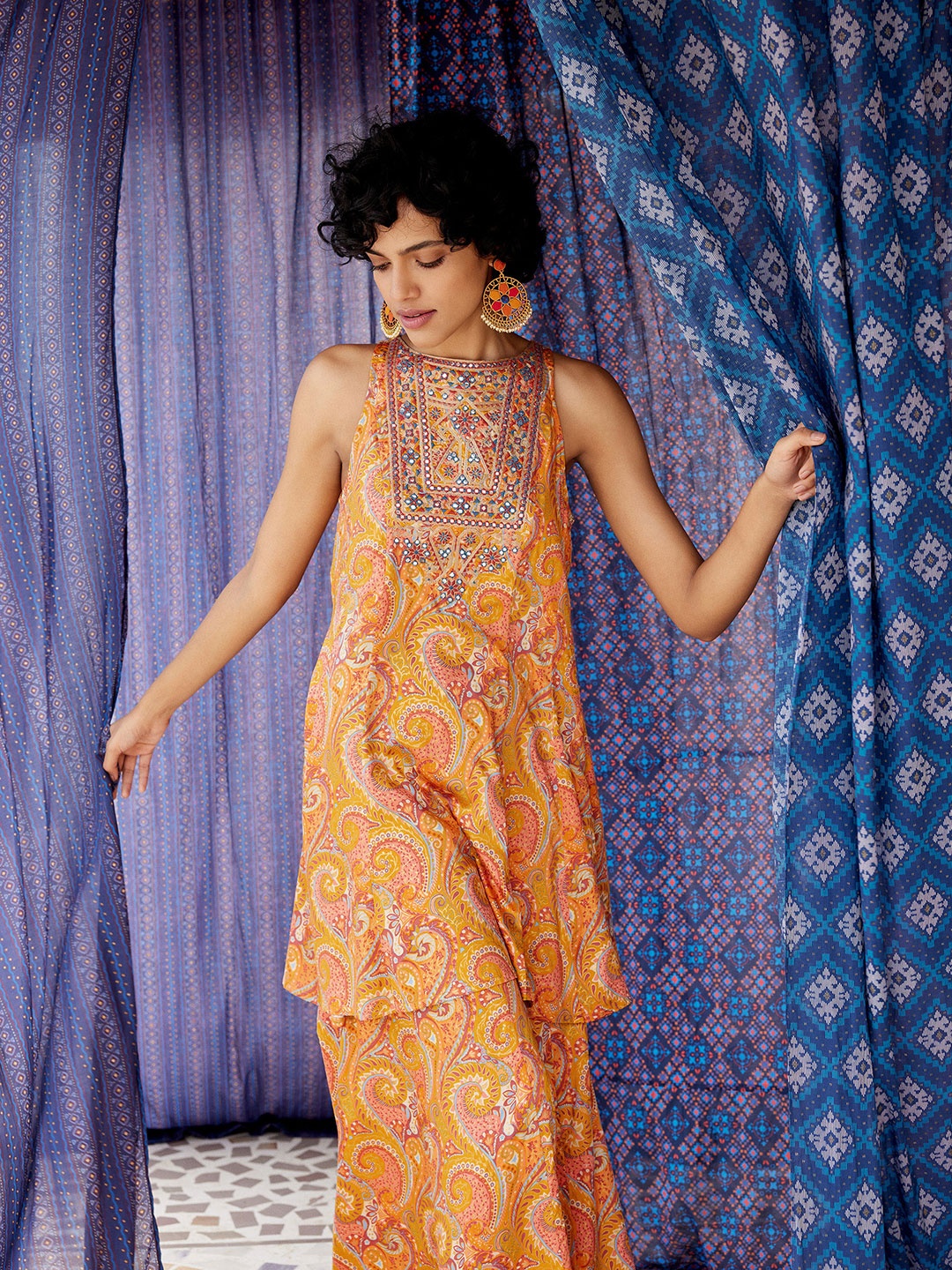 

Global Desi Ethnic Motifs Printed Thread Work A-Line Kurti With Sharara, Mustard