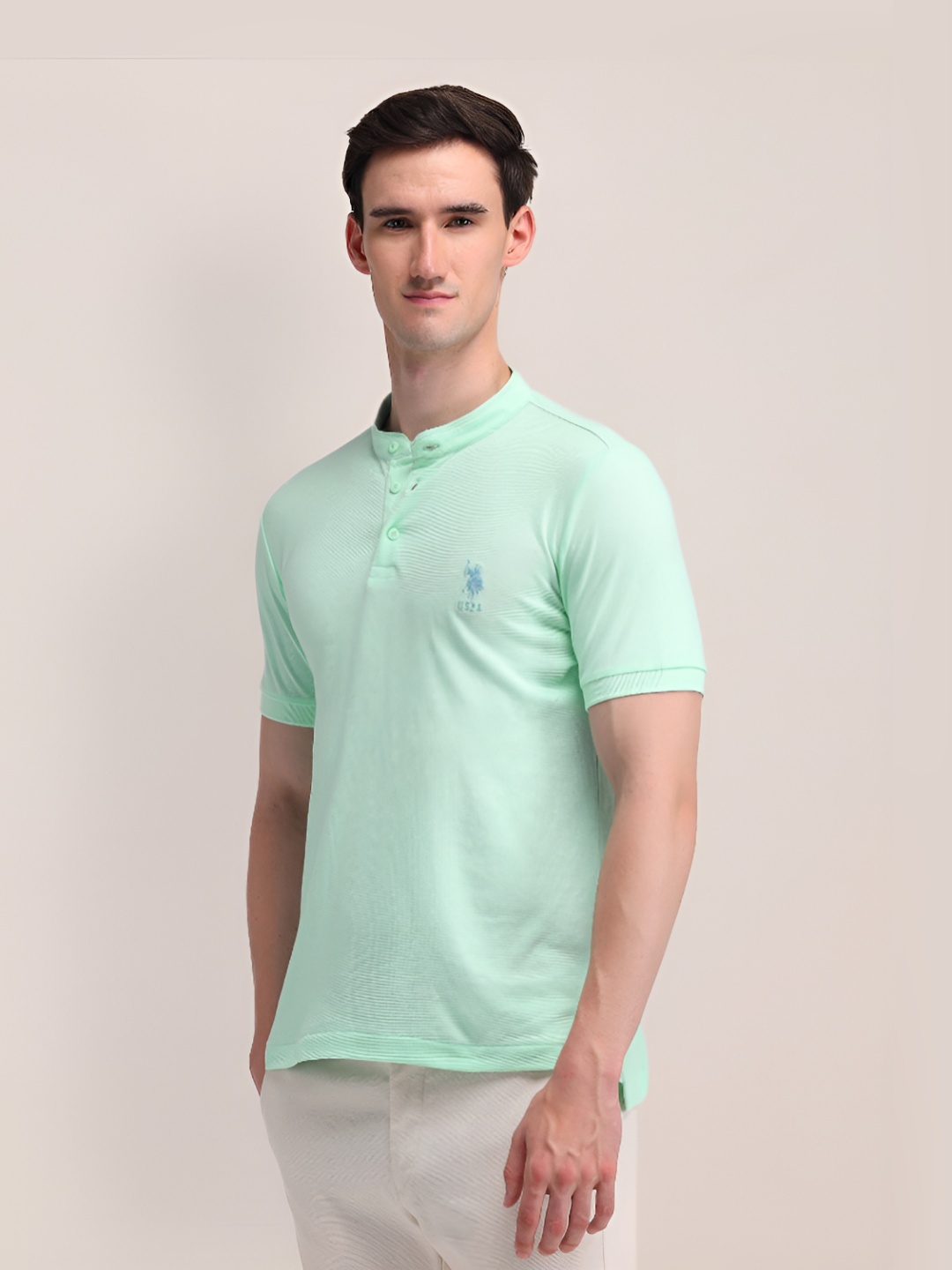 

U.S. Polo Assn. Men Mandarin Collar Solid Slim Fit T-shirt, Green