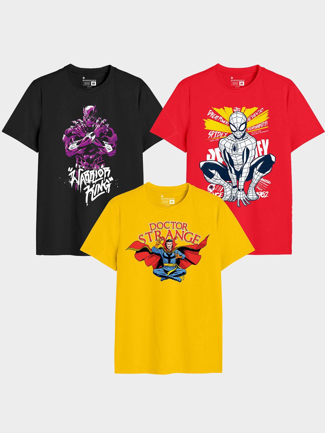 

BonOrganik Pack Of 3 Men Graphic Printed Round Neck Cotton T-shirts, Black
