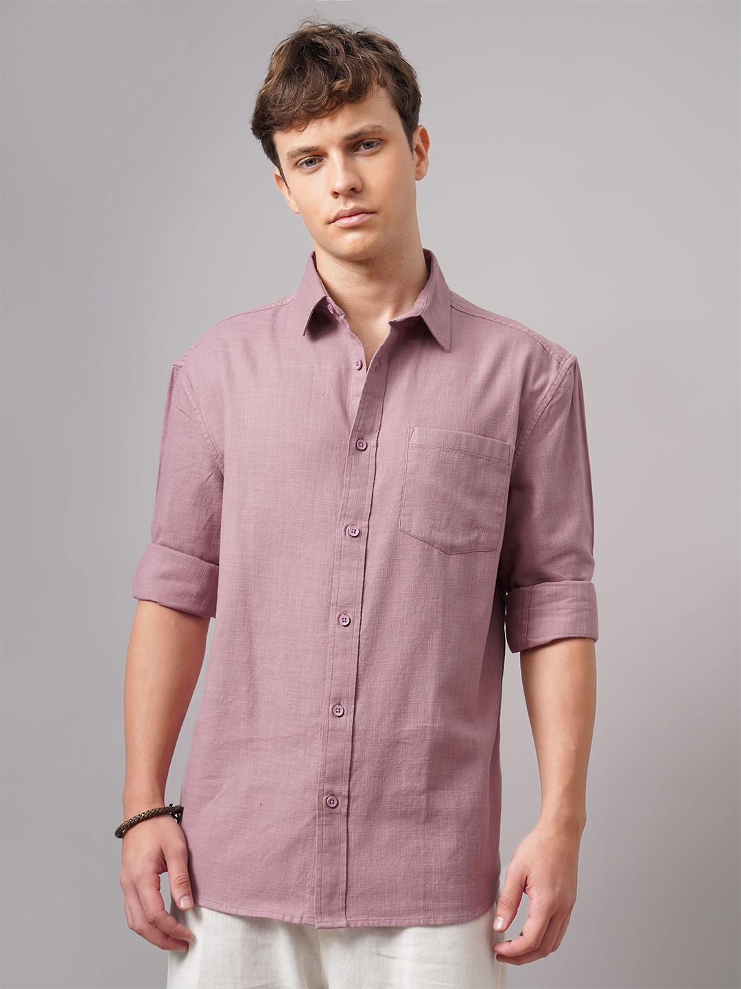 

British Club Men Standard Spread Collar Textured Cotton Casual Shirt, Mauve