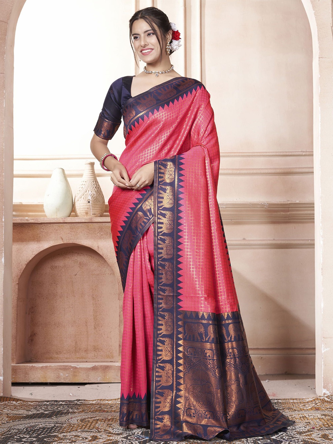 

KAYOMMI Ethnic Motifs Zari Kanjeevaram Saree, Pink