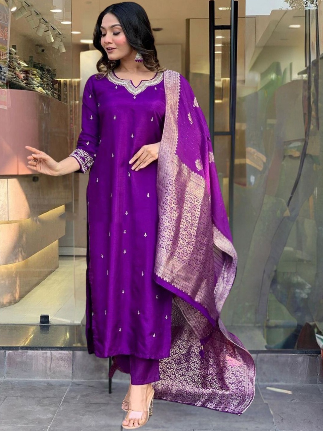 

KALINI Floral Embroidered Zari Notch Neck Straight Kurta with Trousers & Dupatta, Purple